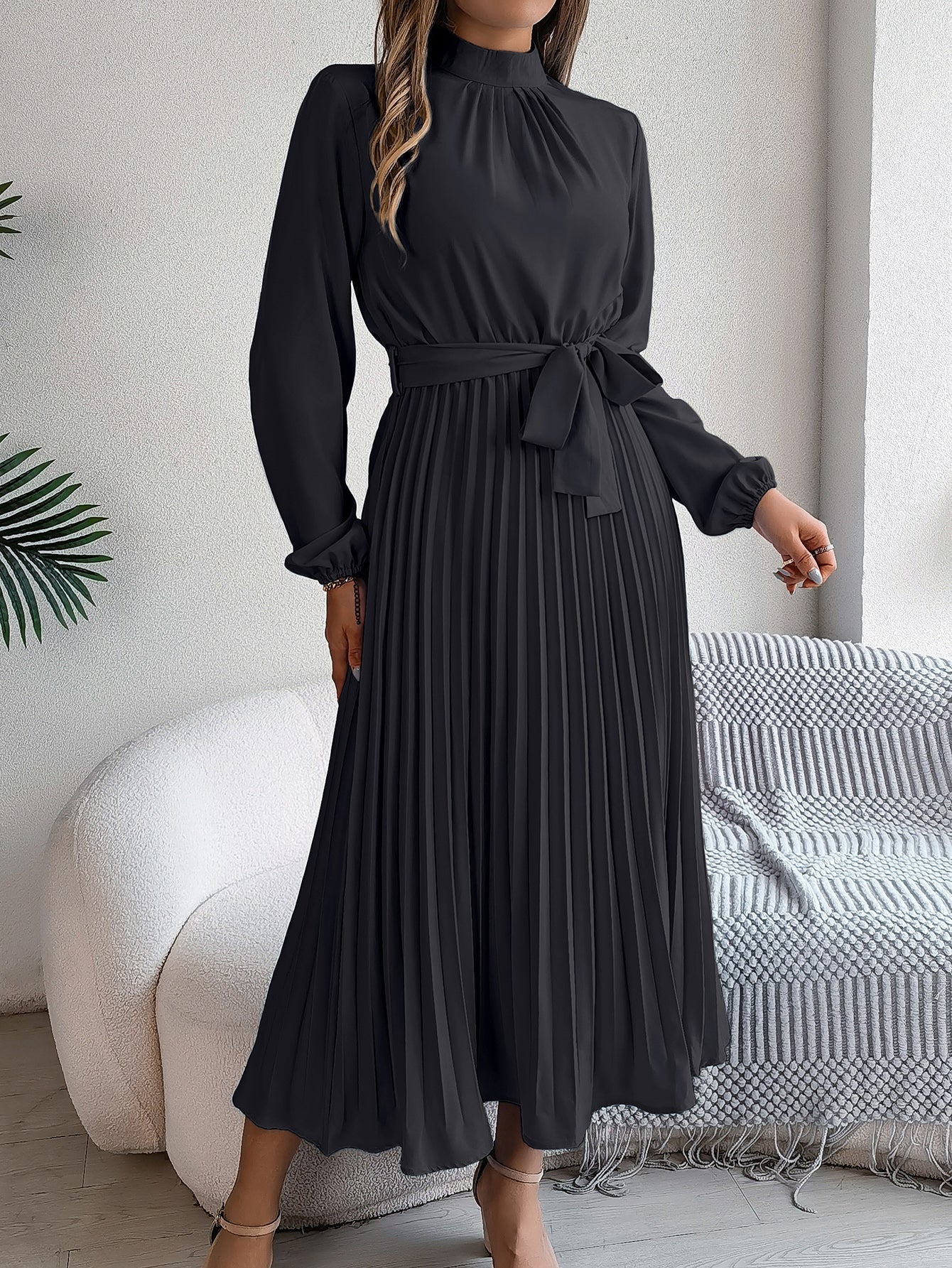 Women'S Elegant Stand Collar Long Sleeve Tie Waist Pleated Maxi Evening Dress