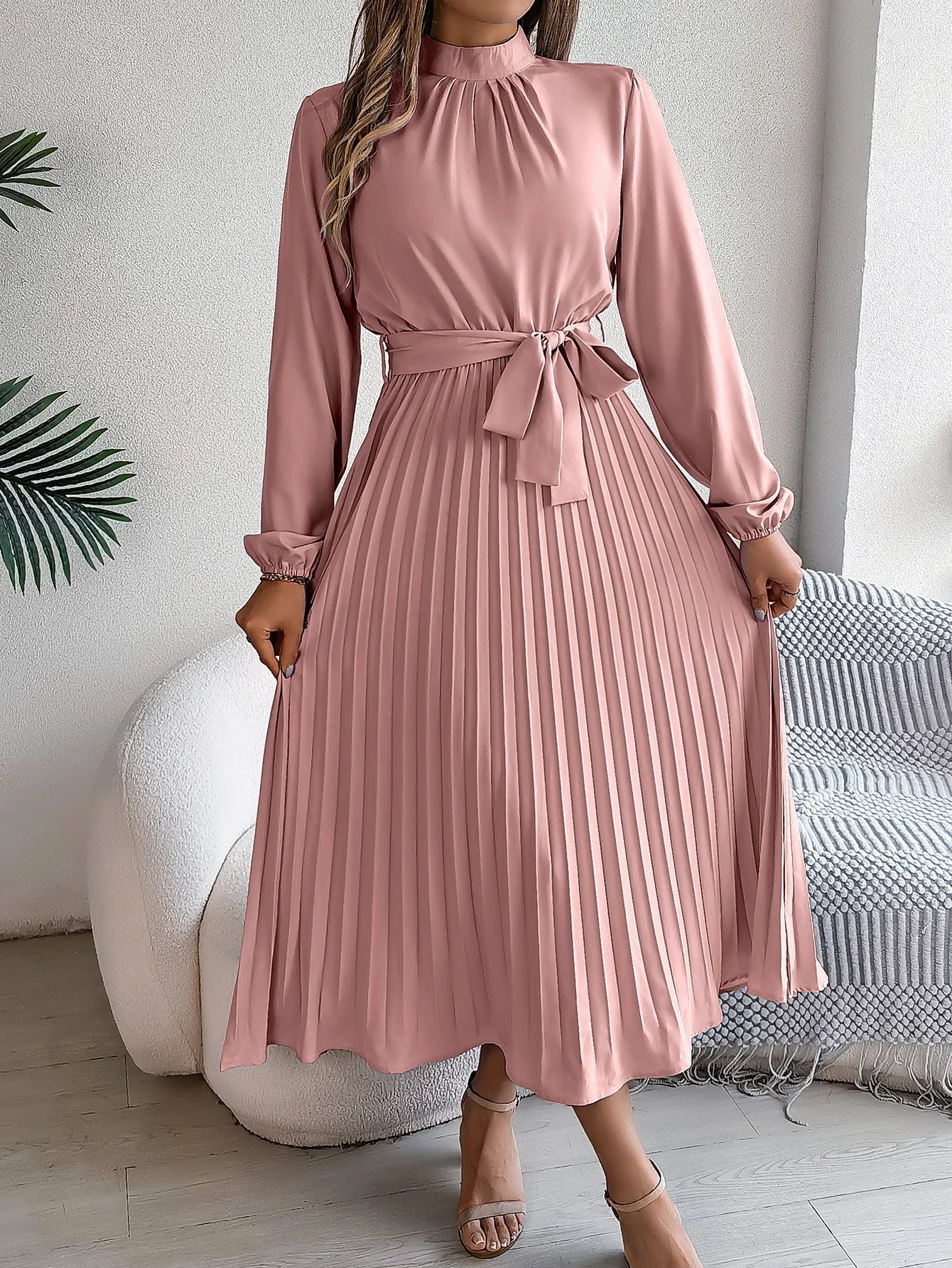 Women'S Elegant Stand Collar Long Sleeve Tie Waist Pleated Maxi Evening Dress