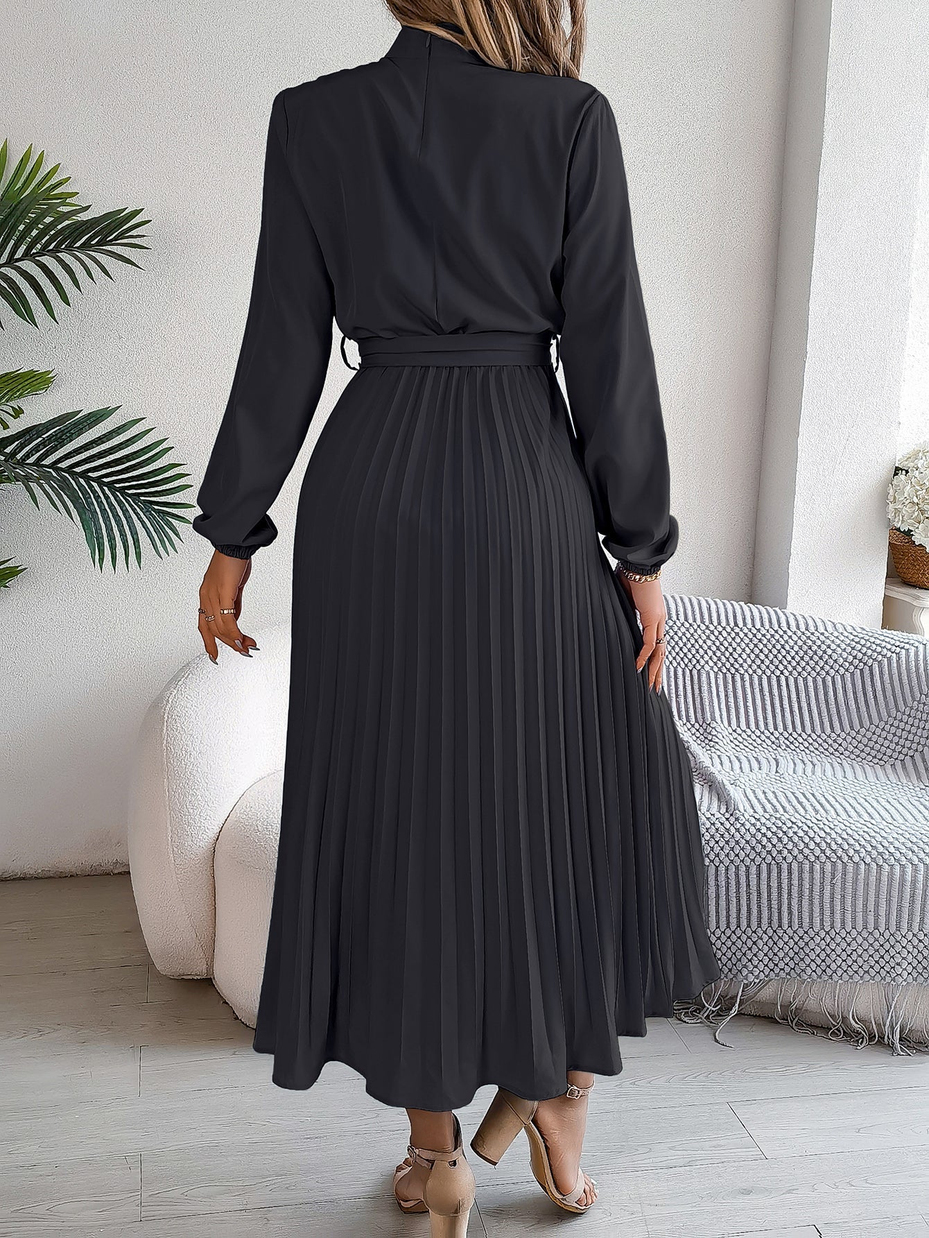Women'S Elegant Stand Collar Long Sleeve Tie Waist Pleated Maxi Evening Dress