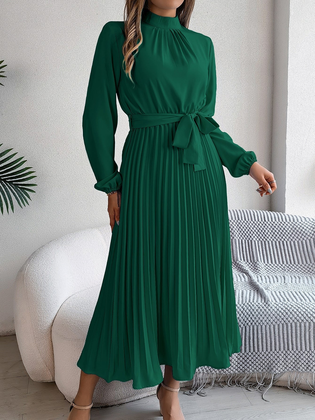 Women'S Elegant Stand Collar Long Sleeve Tie Waist Pleated Maxi Evening Dress
