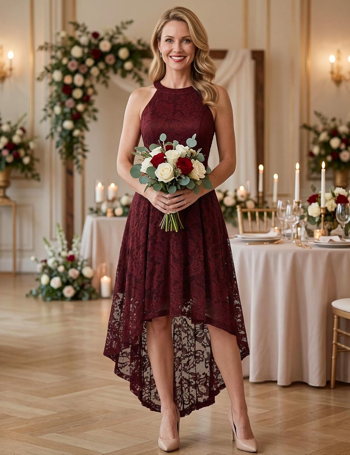 Women Halter Lace Wedding Guest Dress Hi-Lo Cocktail Party Bridesmaid Formal Dresses