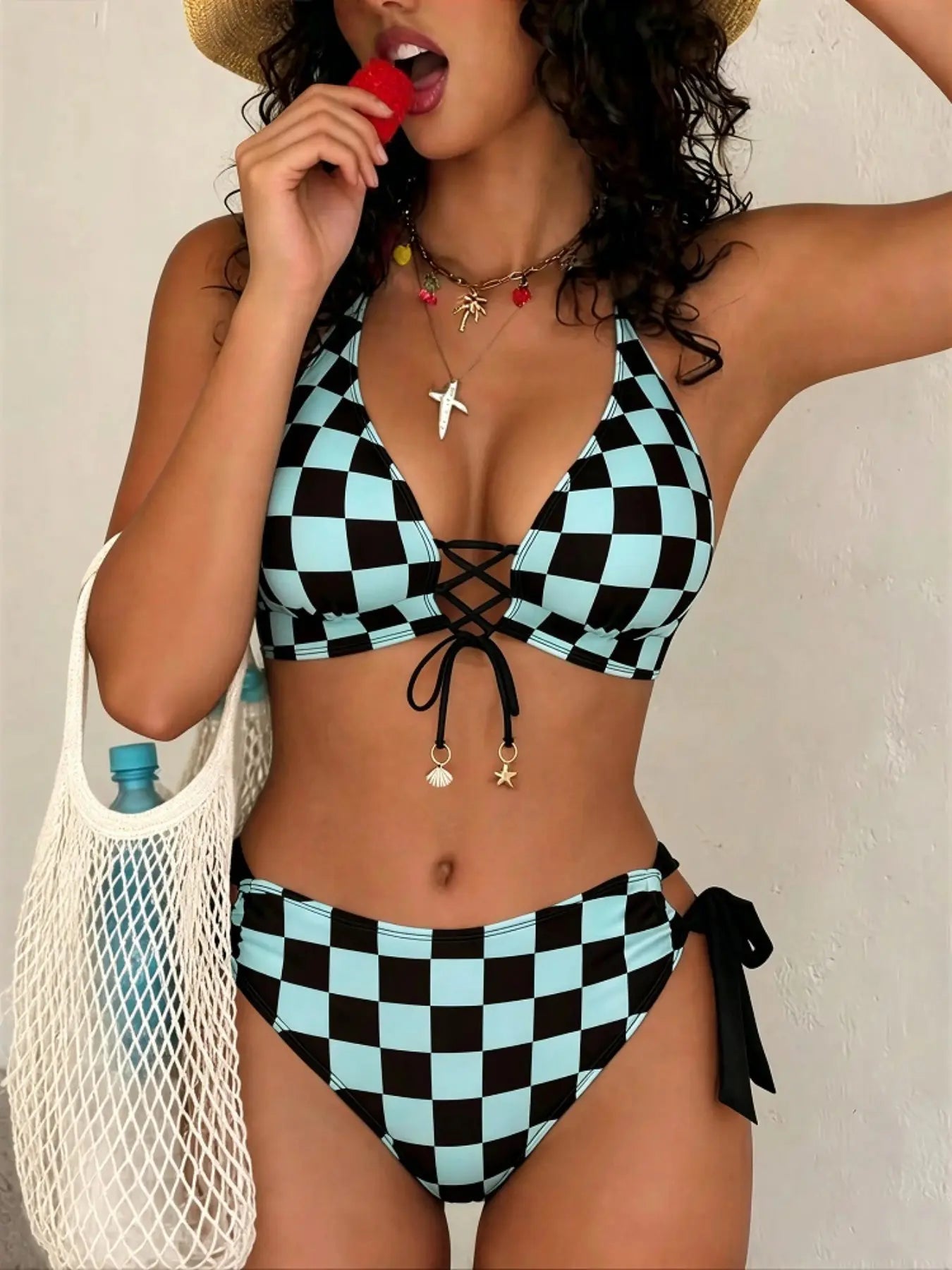 New Plaid Print High-End Women'S Bikini Set, Fashionable Sexy Tie Adjustable Front Drawstring Design, Beach Swimwear