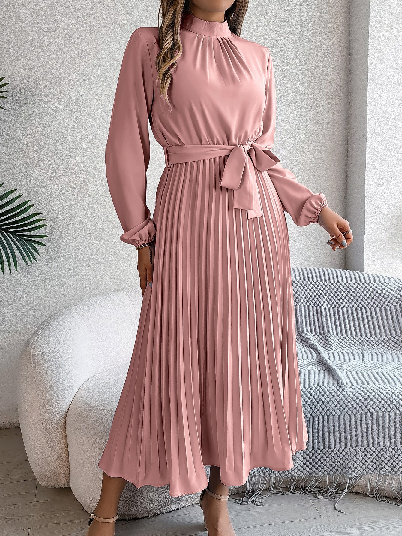 Women'S Elegant Stand Collar Long Sleeve Tie Waist Pleated Maxi Evening Dress